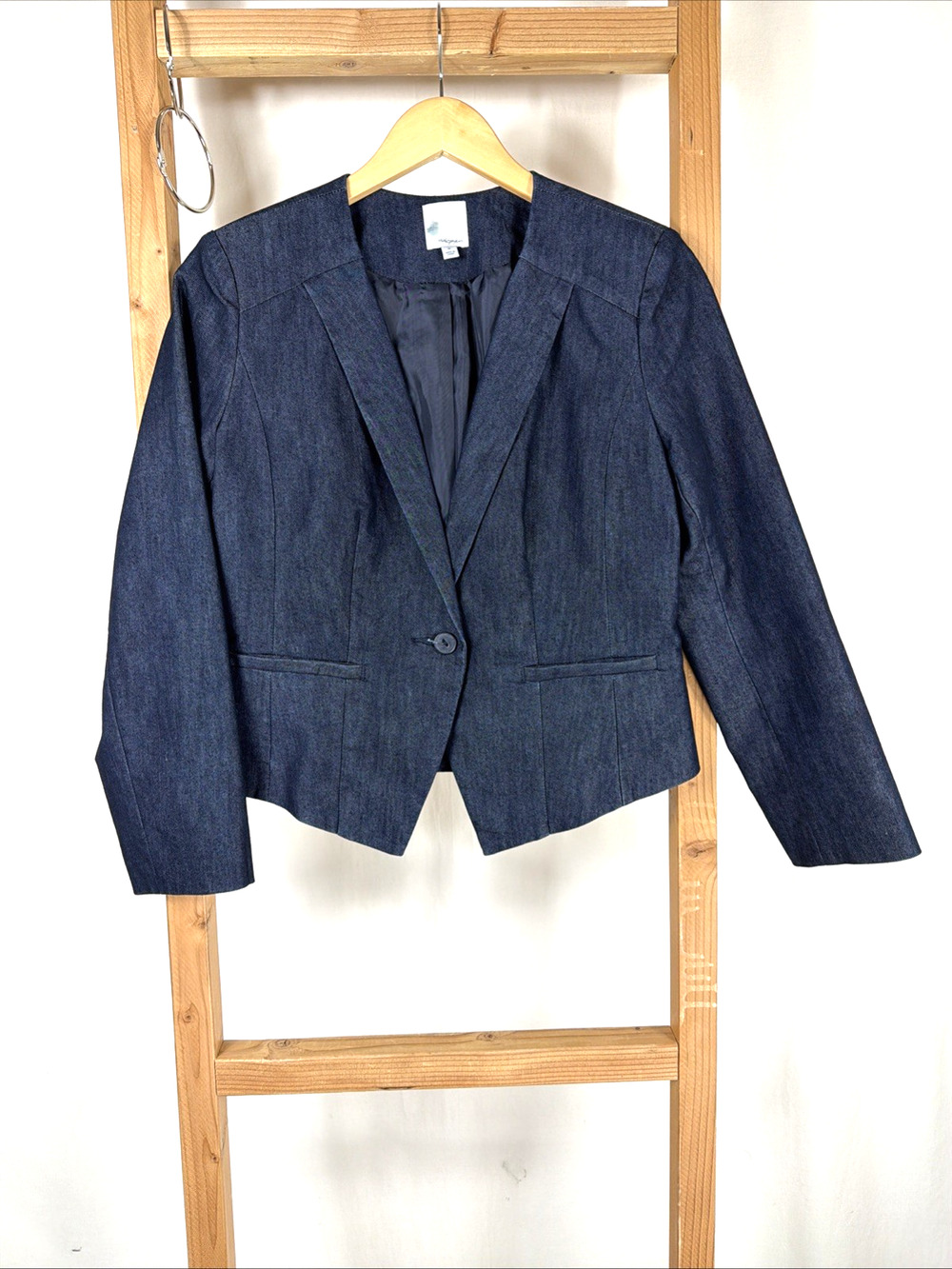 Halogen Blue Faux Pockets Button Short Soft Denim Jacket Blazer #1254 Size MED